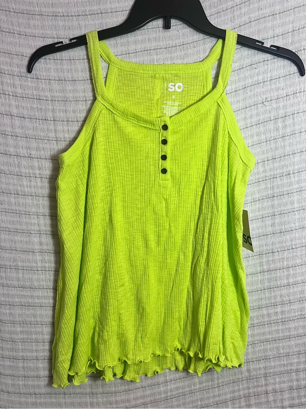 SO Neon Lime Ribbed Swing Tank Top with Button Placket
